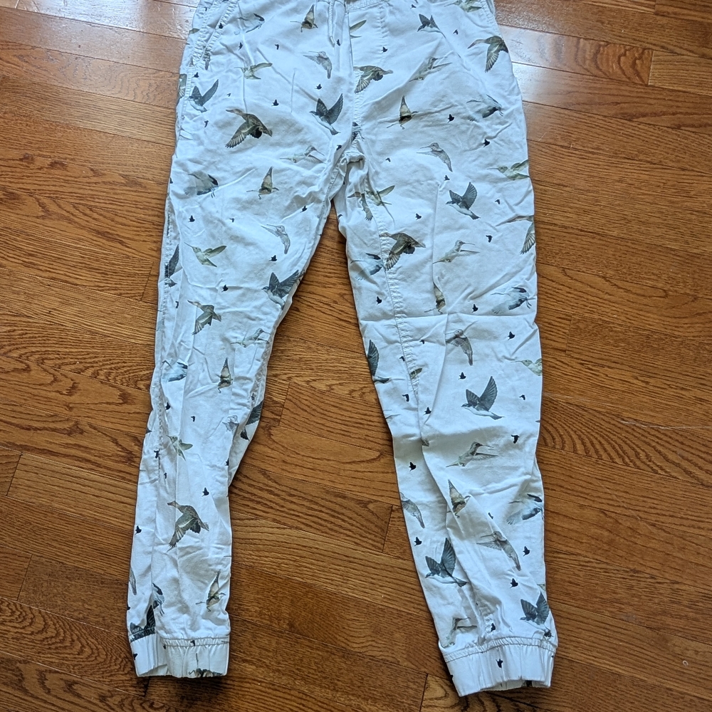 Simons White Bird Print Joggers